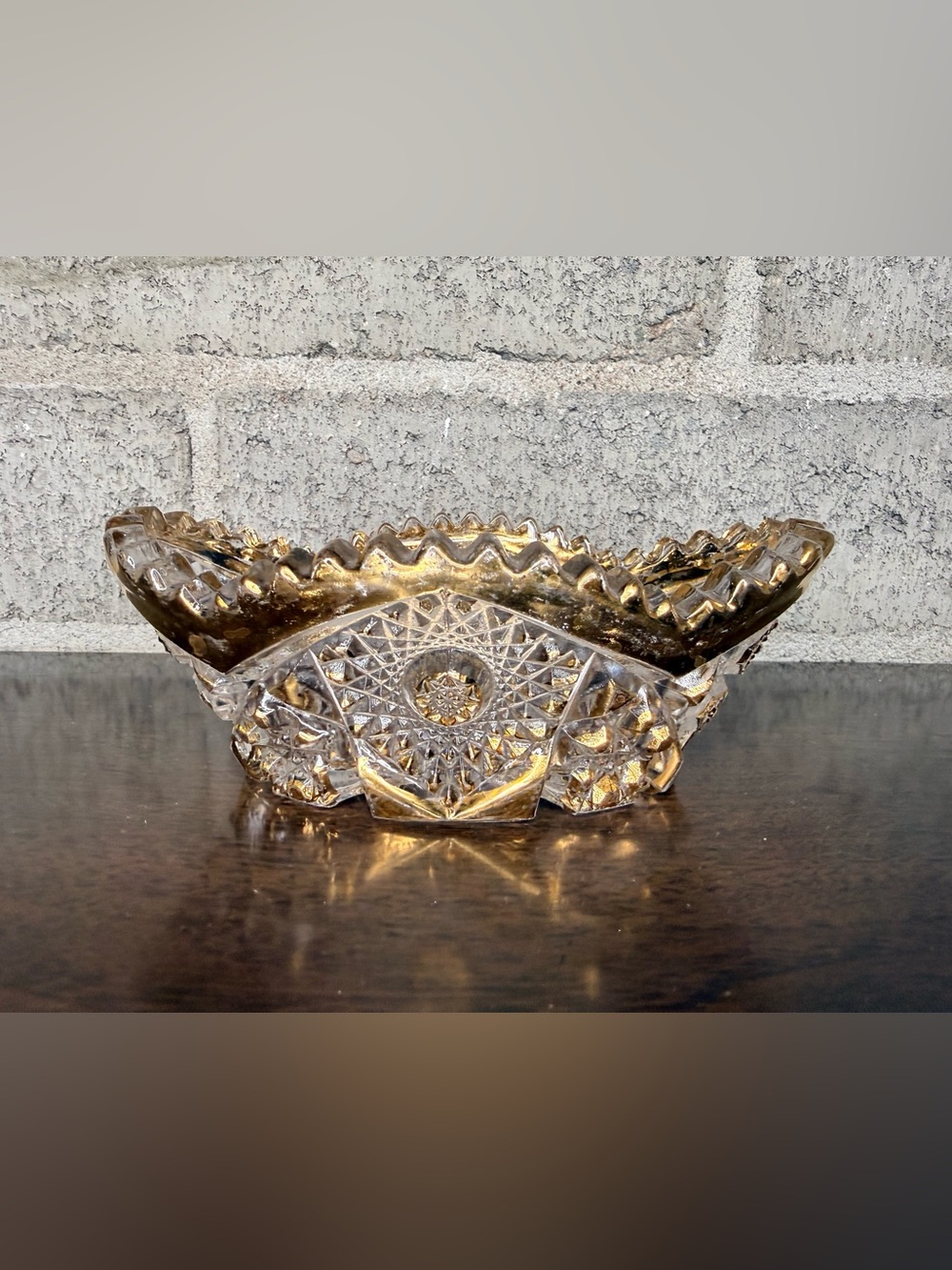 Vintage Gold Flashed Pressed Glass Candy Dish Starburst Sawtooth Rim